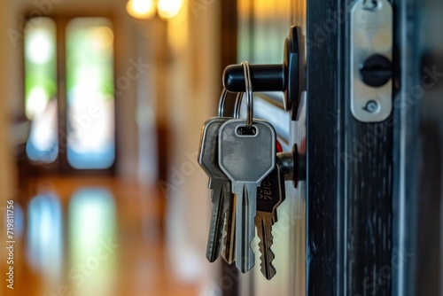 Keys hanging in a door lock with home interior in the background