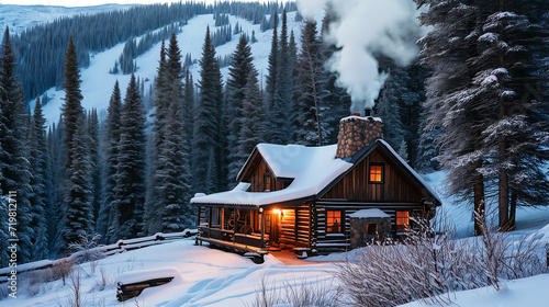Rustic cabin on a snowy landscape. Smoke gently rises from the chimney. Winter themed concept