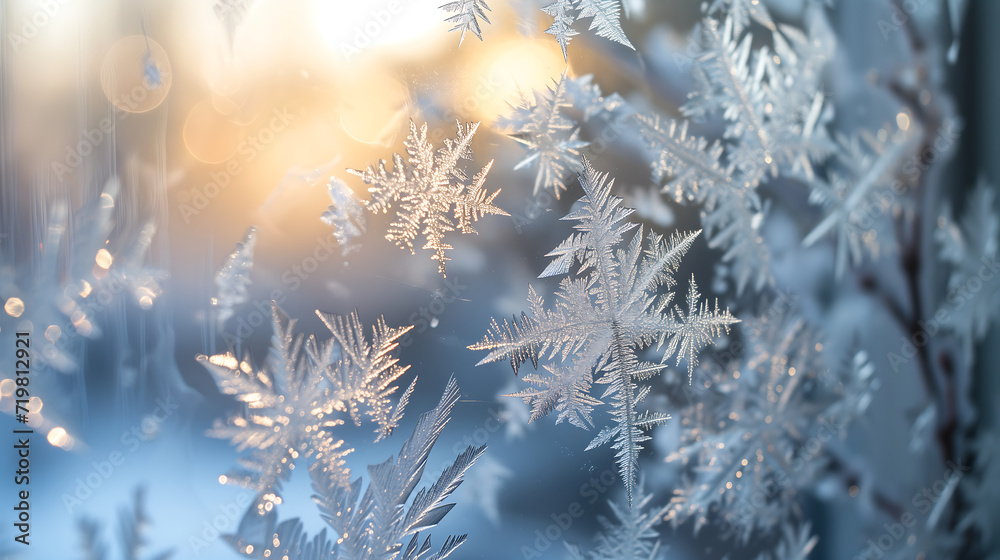 Close up of frosted window panes decorated with delicate ice crystals. Winter themed concept Close up of frosted window panes decorated with delicate ice crystals. Winter themed concept