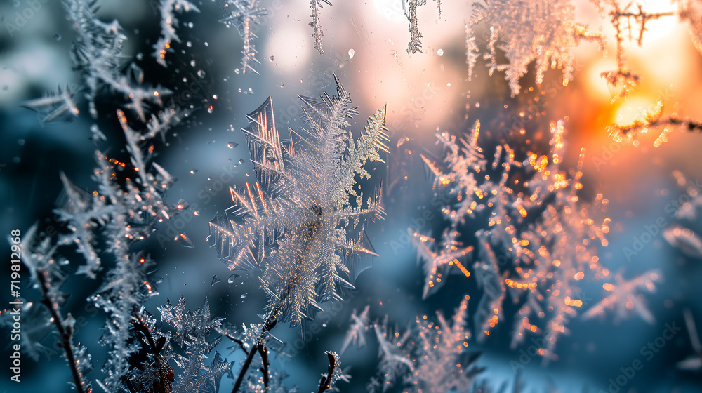 Close up of frosted window panes decorated with delicate ice crystals. Winter themed concept
