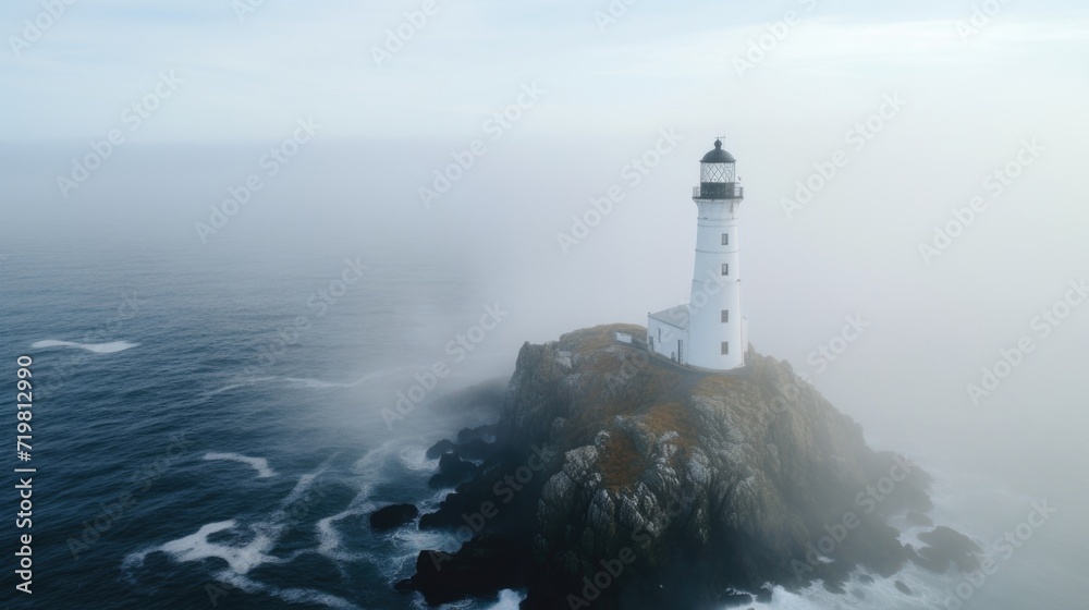 The thick, white fog seems to swallow the lighthouse whole, leaving only its beacon visible in the thick of it all.