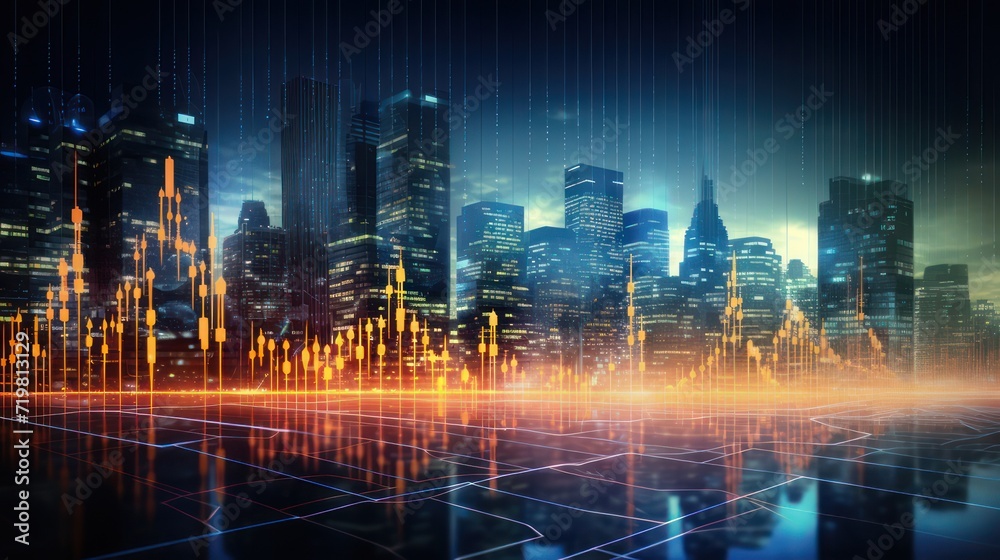 Graphic illustration of a trading diagram with a city view of skyscrapers at night, financial business and technology background wallpaper.