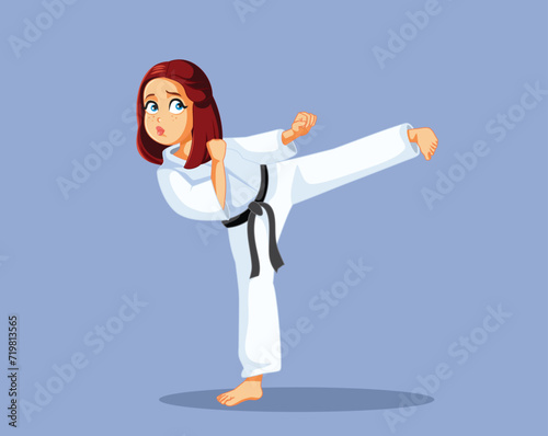 Karate Woman in a White Kimono Kicking Vector Illustration. Martial black-belt artist practicing and training in proper outfit 

