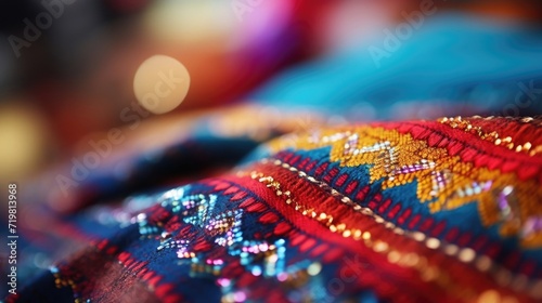 Intricate patterns and bright colors on a handwoven textile, showcasing the unique craftsmanship and cultural significance of the fabric.