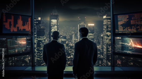 A successful businessman is looking out the glass window of an office building, seeing a large screen in front of him presenting advanced computer data of the future. 