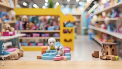 empty wooden table for product display with kids toys shop background