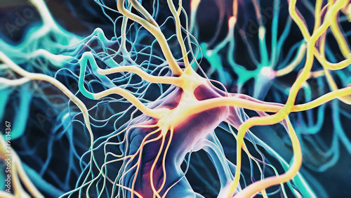 Dark body neuron with glowing branches on dark background - 3d rendering of neuron cell image on black background. Conceptual medical image. Luminous synapse. Health care concept. Neural networks.