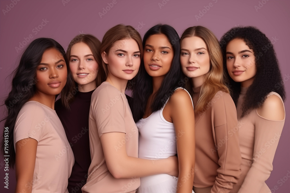 Close-up of a row of beautiful young women in front on powdery Background. Women of multiracial people, space for text. Generative AI Close-up of a row of beautiful young women in front on powdery Background. Women of multiracial people, space for text. Generative AI