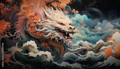 a flying dragon in the stormy sky and ocean in orange and blue color. Fantasy illustration. 