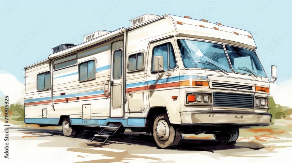 Illustration of RV recreational vehicle van car, tourist vehicle traveling picnic..