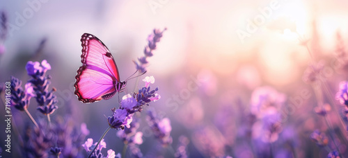 butterflies flying over lavender plants on a cloudy day © Kien
