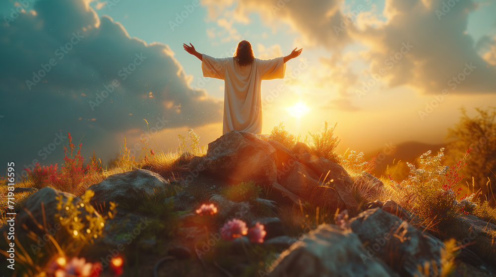 Jesus Christ stands on a rock with his hands raised to God - obrazy, fototapety, plakaty 
