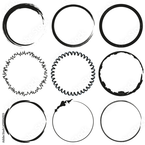Black grunge round shapes. Brush strokes circles frames elements. Vector illustration. EPS 10.