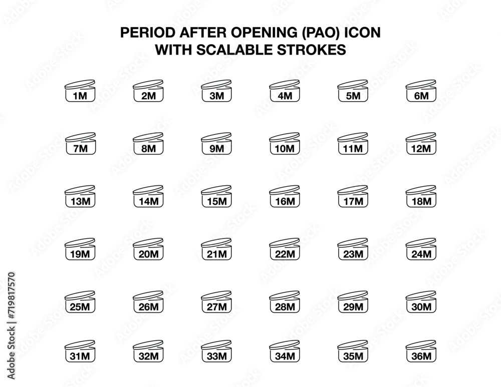 Period After Opening (PAO) Icon Set for Cosmetics Products 1m 6m 9m 12m to 36m Period After Opening (PAO) Icon Set for Cosmetics Products 1m 6m 9m 12m to 36m