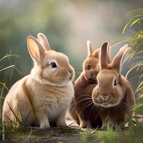 Three cute brown rabbits in the grass. Generative AI