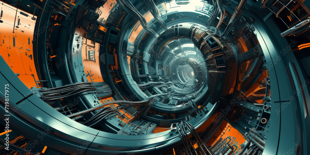 science fiction futuristic architecture interior with spiral curved structure, generative AI science fiction futuristic architecture interior with spiral curved structure, generative AI