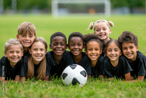 Children, group portrait and soccer team on grass