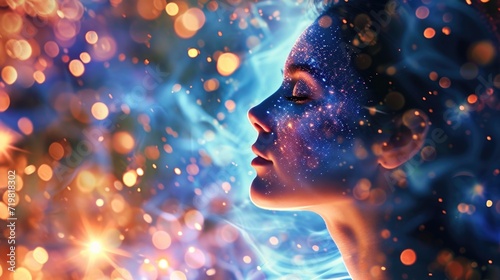 A serene portrait of a woman with her head tilted to the side and eyes closed, surrounded by a glowing vortex of particles in a radiant whirlwind. photo