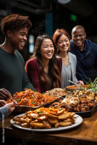 Colleagues from different ethnicities savoring a variety of dishes during a multicultural office lunch break  Generative AI