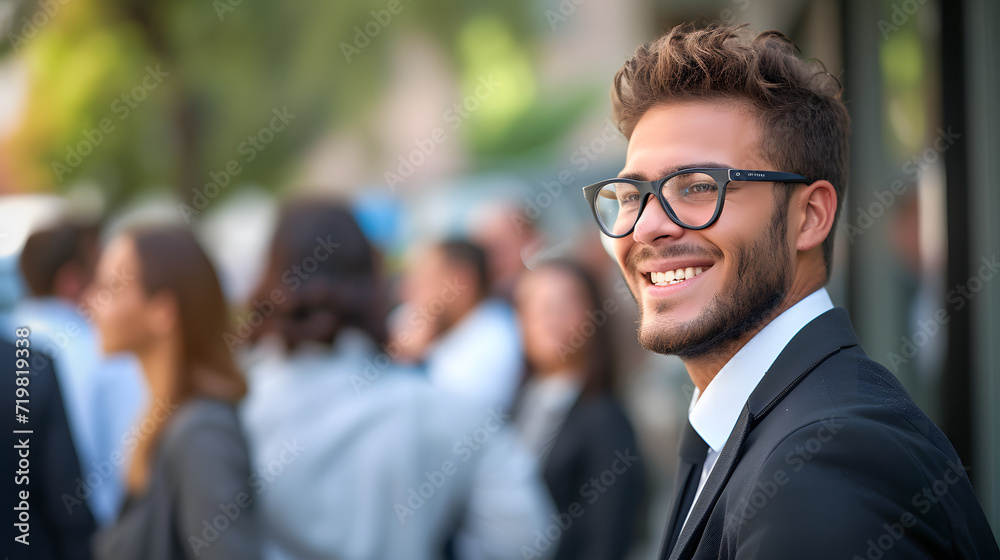 Businessman in a Suit and Glasses Standing in Front of a Group of People Businessman in a Suit and Glasses Standing in Front of a Group of People