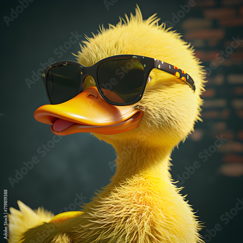 Yellow duckling with sunglasses, Close-up of a cute yellow sunglasses surrounded by white feathers and a serene orange Mandarin duck in its natural habitat, with a touch of cartoonish charm