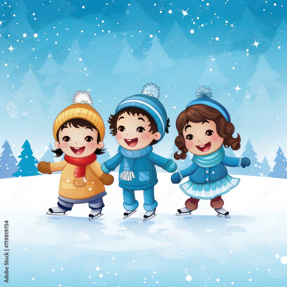 Fototapeta premium Winter time Cartoon illustration of children playing in the snow outdoors wearing jacket and beanie hat. 