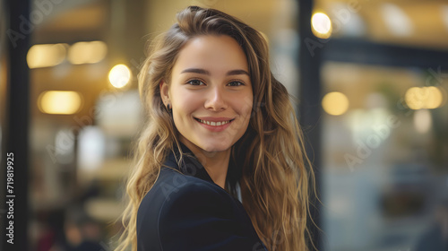 Smiling Woman With Long Hair Looks at the Camera