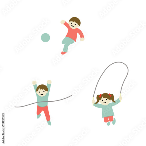 運動する元気で笑顔の子供たちのイラスト　線なし　カラー