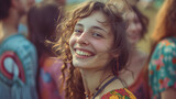 Smiling Woman Standing in a Crowd of People at an Outdoor Event