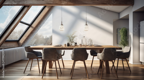 A Minimalist interior design of a modern Dining table and chairs in a clear loft with wooden beams in the dining room, a room with morning sunlight streaming through the window.