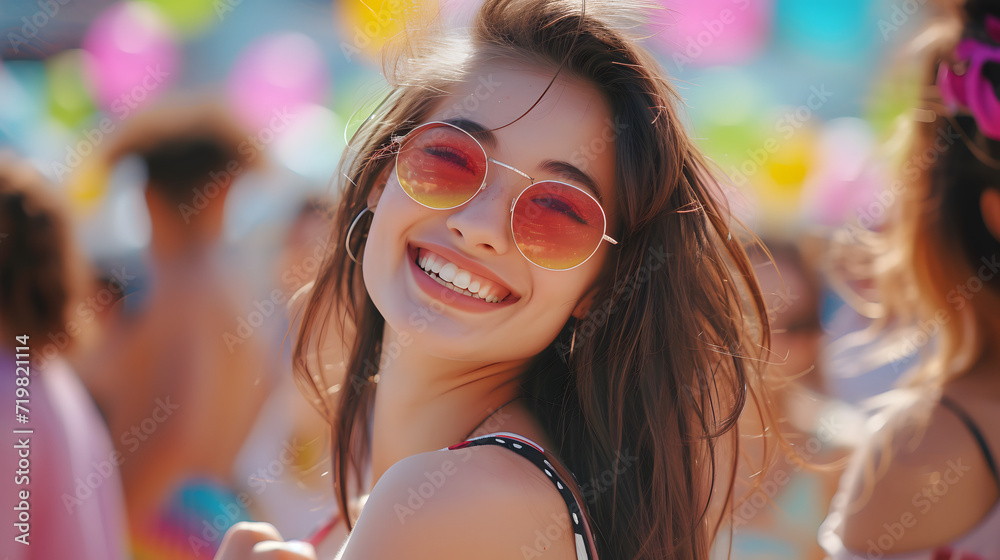 Smiling Woman Wearing Sunglasses Looks Into the Camera