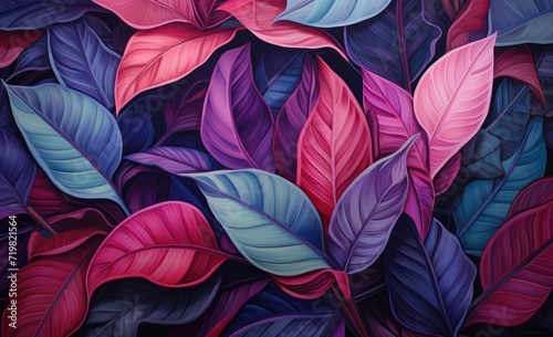 Close up group of background tropical pink and blue leaves texture and abstract background,