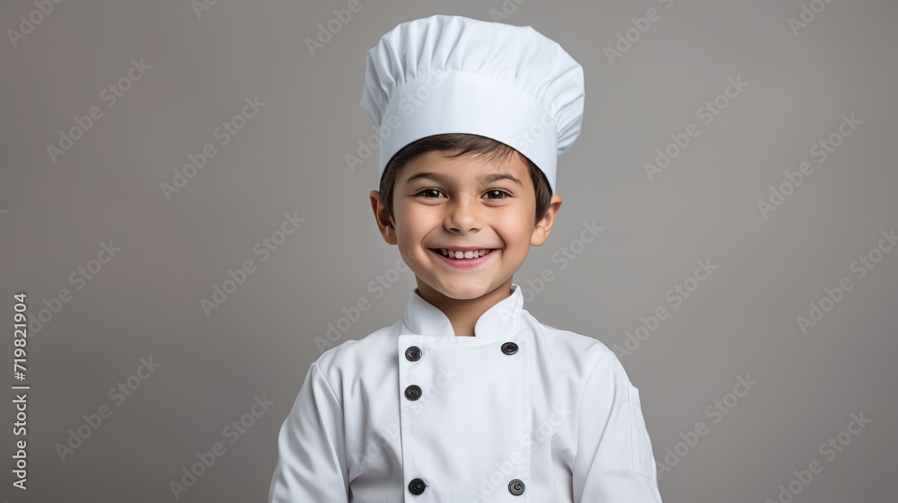 A Cooking, happy boy wearing chef's uniform. Little cook and kitchen equipment. Cooking concepts in the chef profession On empty space on white transparent background isolated A Cooking, happy boy wearing chef's uniform. Little cook and kitchen equipment. Cooking concepts in the chef profession On empty space on white transparent background isolated