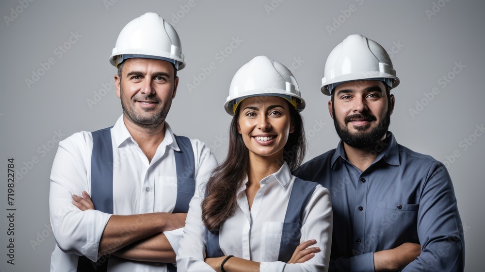 A Confident team of engineers, wearing hard plastic helmets, arms crossed, looking up, white isolated background. A Confident team of engineers, wearing hard plastic helmets, arms crossed, looking up, white isolated background.
