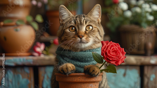 Anthropomorphic portrait of a cat with a rose in pa