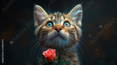 Anthropomorphic portrait of a cat with a rose in p