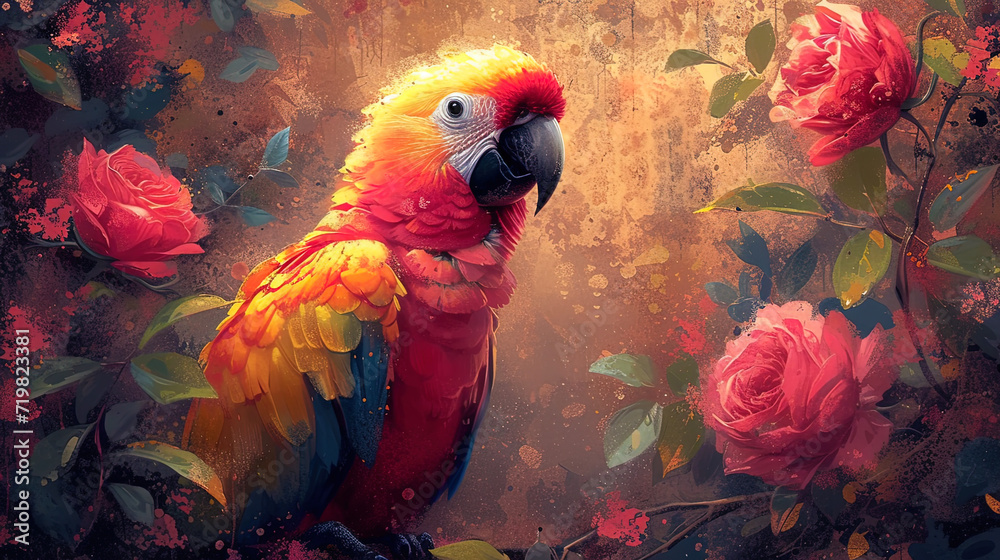 Fototapeta premium An illustration of a parrot with a rose in the beak, created in an anthropomorphic st