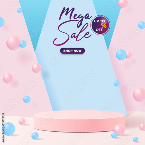 mega sale discount template banner with blank space 3d podium for product sale with abstract gradient pink and blue background design
