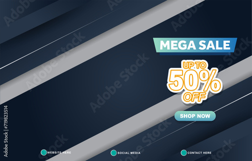mega sale discount template banner with copy space for product sale with abstract gradient dark blue background design