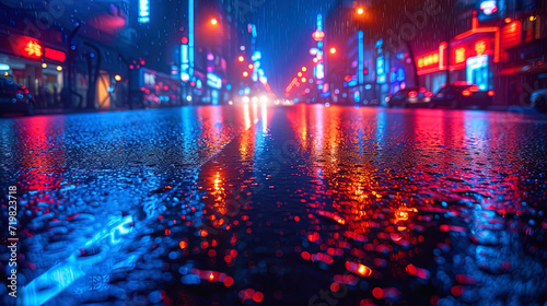 Asphalt with a reflection of city lights brilliance and light reflecting city lights create the effect of a night ci