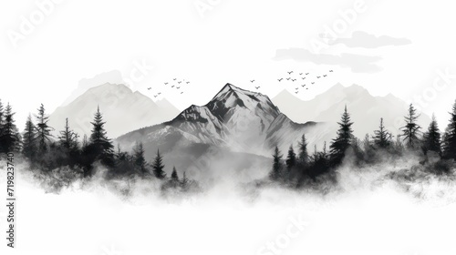 A Black and white mountain range, landscape, tree symbols, stencil vector illustration. © Phoophinyo
