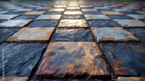 Asphalt with a pattern of a chessboard patterns in the form of alternating blocks, creating a feeling of a game fi