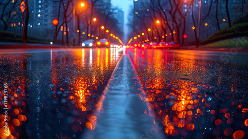Asphalt with a reflection of city lights brilliance and light reflecting city lights create the effect of a night c