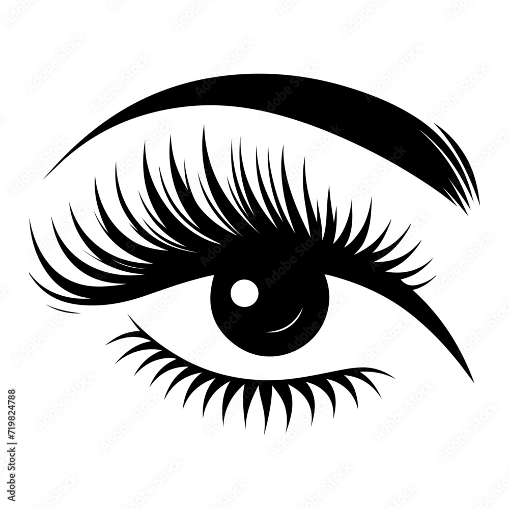 Beautiful woman eye with long lashes vector icon, clipart, symbol, black color silhouette