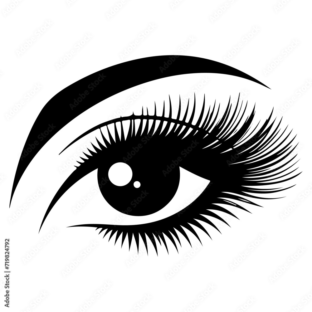 Beautiful woman eye with long lashes vector icon, clipart, symbol, black color silhouette