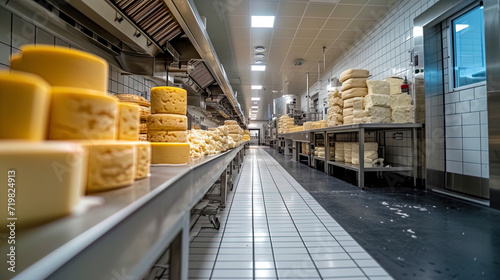 A room at a plant for the production of products where cottage cheese is used for the manufacture of che photo