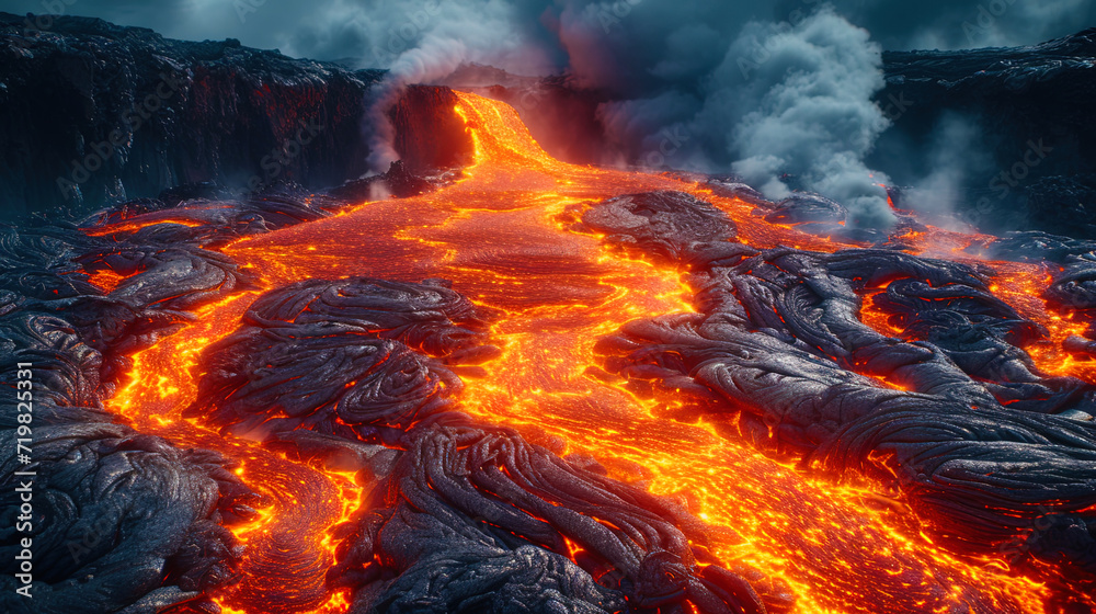 Boiling volcanic eruptions, creating dynamic vortices and ripples in lava stre Boiling volcanic eruptions, creating dynamic vortices and ripples in lava stre