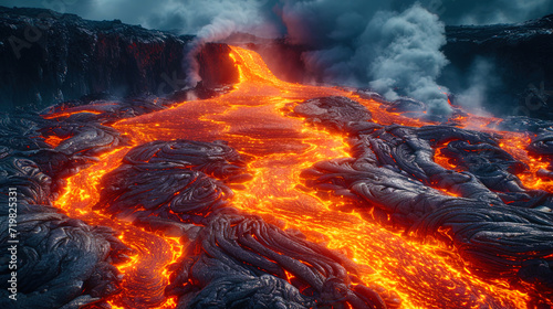 Boiling volcanic eruptions, creating dynamic vortices and ripples in lava stre