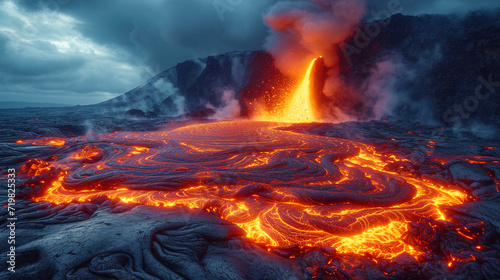 Boiling volcanic eruptions, creating dynamic vortices and ripples in lava stream