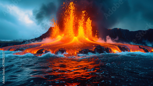 Boiling volcanic eruptions, creating dynamic vortices and ripples in lava strea